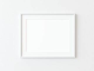 One white thin rectangular horizontal frame hanging on a white textured wall mockup, Flat lay, top view, 3D illustration