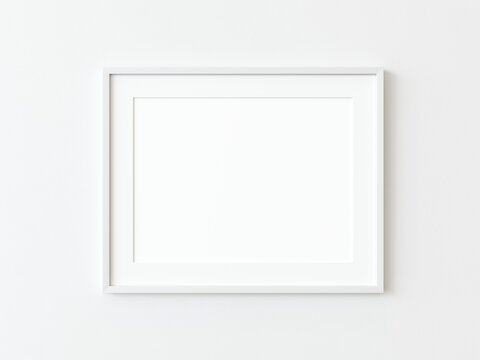 One white thin rectangular horizontal frame hanging on a white textured wall mockup, Flat lay, top view, 3D illustration