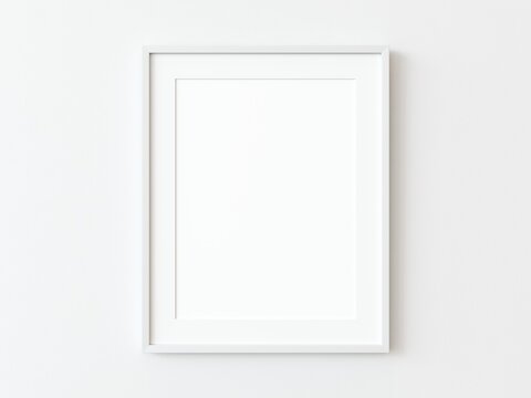 One white thin rectangular vertical frame hanging on a white textured wall mockup, Flat lay, top view, 3D illustration
