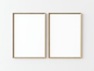 Obraz premium Two light wood rectangular vertical frames hanging on a white textured wall mockup, Flat lay, top view, 3D illustration