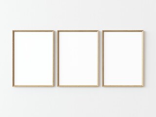 Three light wood rectangular vertical frames hanging on a white textured wall mockup, Flat lay, top view, 3D illustration