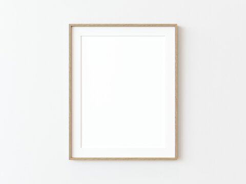 Light wood thin rectangular vertical frame hanging on a white textured wall mockup, Flat lay, top view, 3D illustration