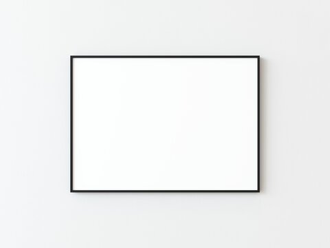 One black thin rectangular horizontal frame hanging on a white textured wall mockup, Flat lay, top view, 3D illustration