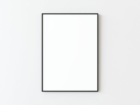 One black thin rectangular vertical frame hanging on a white textured wall mockup, Flat lay, top view, 3D illustration