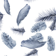 Cobalt Tropical Texture. White Seamless Texture. Blue Pattern Painting. Indigo Banana Leaves. Navy Wallpaper Exotic. Azure Flora Botanical. Gray Decoration Art.