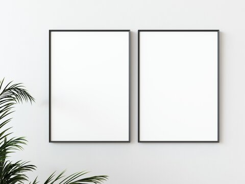 Two grey wooden rectangular vertical frames hanging on a white textured wall mockup with palm leaves to the left, Flat lay, top view, 3D illustration