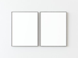 Two light grey rectangular vertical frames hanging on a white textured wall mockup, Flat lay, top view, 3D illustration