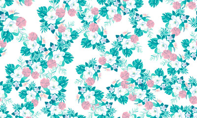 Blue Seamless Exotic. Gray Pattern Leaf. Cobalt Tropical Exotic. White Floral Exotic. Navy Flora Textile. Indigo Watercolor Plant. Decoration Painting.