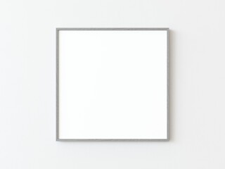 Fototapeta premium One grey thin square frame hanging on a white textured wall mockup, Flat lay, top view, 3D illustration