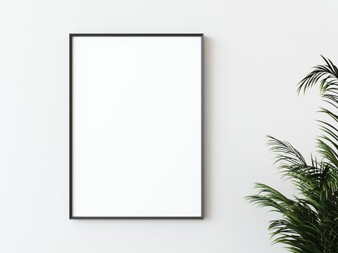 One black thin rectangular vertical frame hanging on a white textured wall mockup with palm leaves to the right, Flat lay, top view, 3D illustration
