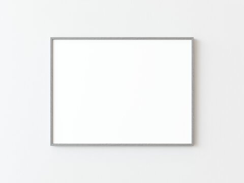 One grey  thin rectangular horizontal frame hanging on a white textured wall mockup, Flat lay, top view, 3D illustration