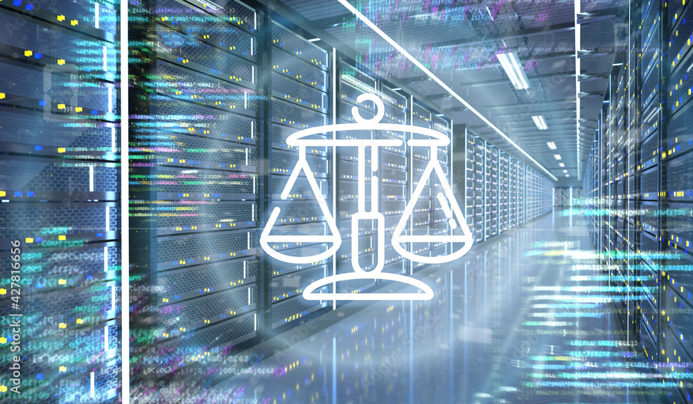 Poster justice icon in a server room data center - 3d rendering
