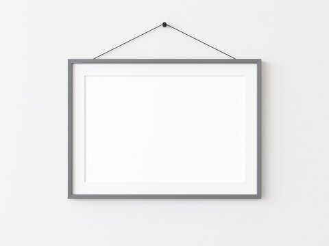 One grey rectangular horizontal frame hanging on a white textured wall mockup, Flat lay, top view, 3D illustration