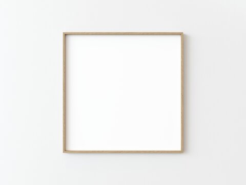 One light wood thin square frame hanging on a white textured wall mockup, Flat lay, top view, 3D illustration