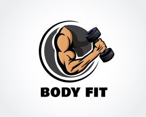 circle hand muscular lifting dumbbell gym fitness logo design template vector illustration