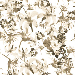 Yellow Pattern Background. Gray Seamless Leaves. White Tropical Background. Wallpaper Foliage. Drawing Leaves. Summer Vintage. Garden Illustration. Decoration Hibiscus.