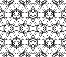 Abstract ornate pattern with decorative stars. Stylish black texture. Seamless linear illustration.