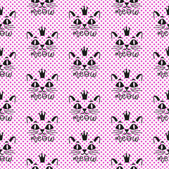 Seamless pattern cat happy background.Cute animal kitten.