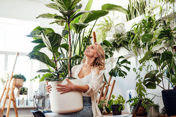 Relaxed female employer with houseplant sitting on table
