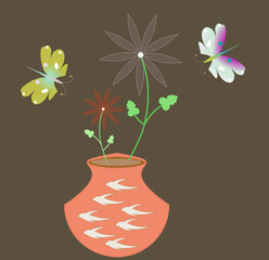 Pot with flowers and butterflies 