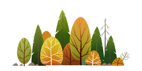 Forest Landscape, Green trees park, alley and foliage in summer. Row of trees and shrubs. Cartoon vector illustration isolated on white background