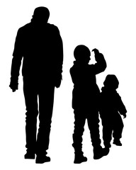 Families with little child walking on street. Isolated silhouettes of people on white background