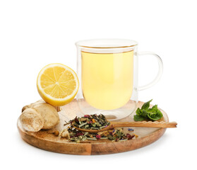 Cup of tea with ginger, mint and lemon on white background