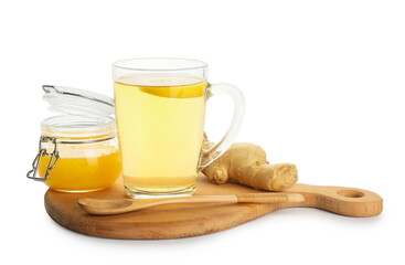 Cup of tea with ginger and honey on white background