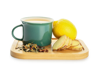 Cup of tea with ginger and lemon on white background