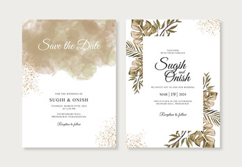 hand drawn watercolor splash and leaves for wedding invitation template
