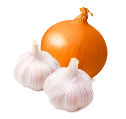 Onion and garlic bulbs isolated on white background