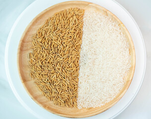 Top view  jasmine rice and paddy seed texture close up, White Rice grain Paddy texture on wooden plate.