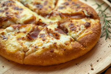 Delicious fresh pizza served on wooden plate, Hot Homemade Pizza Ready to serve.