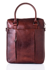 Men's bag of brown color, genuine leather. A white background