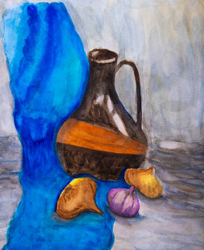 Still life painting with brown pitcher and onions. Watercolor painting