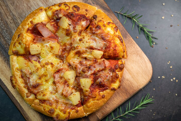 Delicious fresh pizza served on wooden plate, Hot Homemade Pizza Ready to serve.