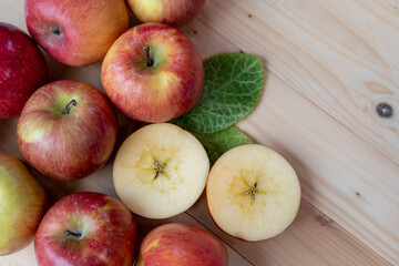 Top view  Fresh Apple with slices closeup, Fresh Apple on wooden table.