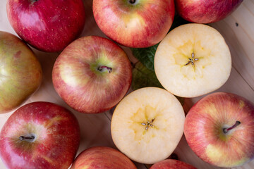Top view  Fresh Apple with slices closeup, Fresh Apple on wooden table.