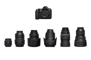 Camera and interchangeable lenses on a white background