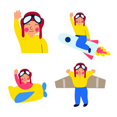 Set of icons. Boy play in pilot. Vector illustrations on white background.