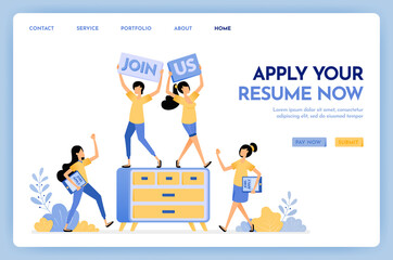 Illustration of join us hiring people. People applying for jobs by submitting resumes. We are hiring work at home for freelance jobs. Design concept for banner, landing page, web, website, poster, ui
