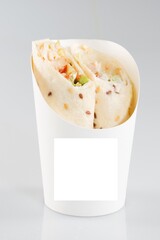 Tortilla wraps packaging box with blank sheet paper for text mock up empty white space for logo brand isolated on background