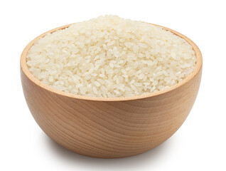 rice in wooden bowl isolated on white