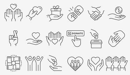 Charity line icon set. Collection of donate, volunteer, hope and more. Editable stroke.