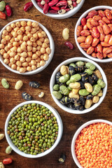 Various pulses in bowls, shot from above