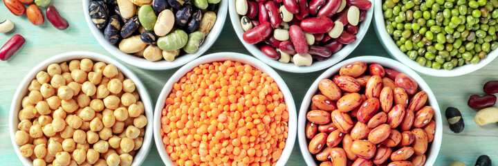 Pulses panorama. Many different legumes, shot from above