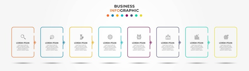 Vector Infographic design business template with icons and 8 options or steps. Can be used for process diagram, presentations, workflow layout, banner, flow chart, info graph