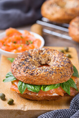 Bagels with cream cheese and salmon. Plating, fast lunch, meal. 