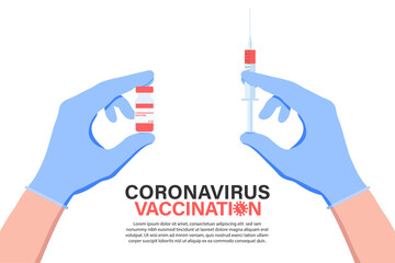 Coronavirus vaccine COVID-19. Vaccine and vaccination against virus, flu. Hands in blue gloves of doctor, nurse, scientist hold an ampoule and syringe. Horizontal banner. Vector illustration on white.