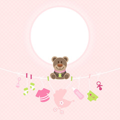 Teddy Auf Gebogener Leine Babysymbole Mädchen Runder Rahmen Punkte Pink Grün